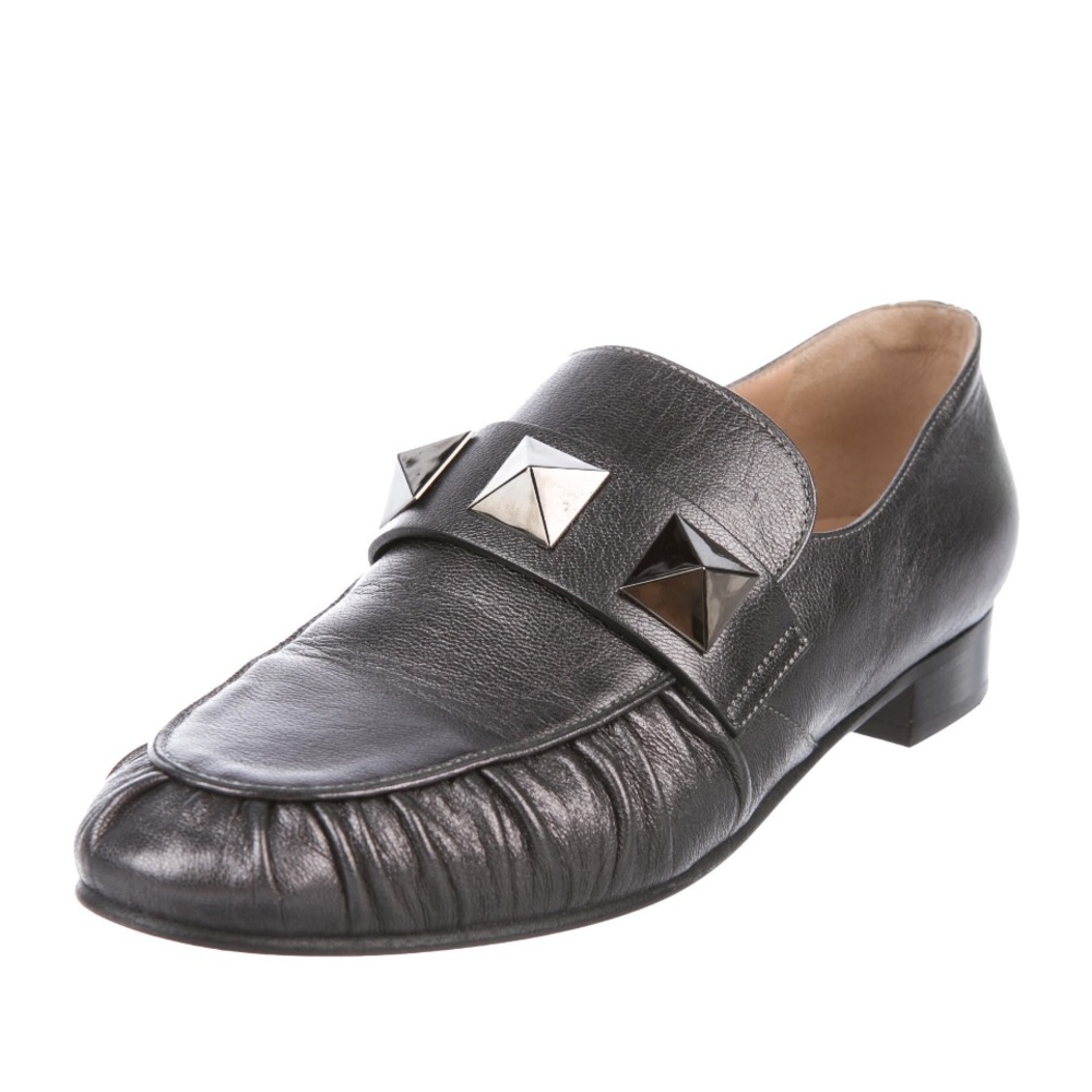 Valentino Garavani Metallic Gunmetal Leather Rockstud Loafers